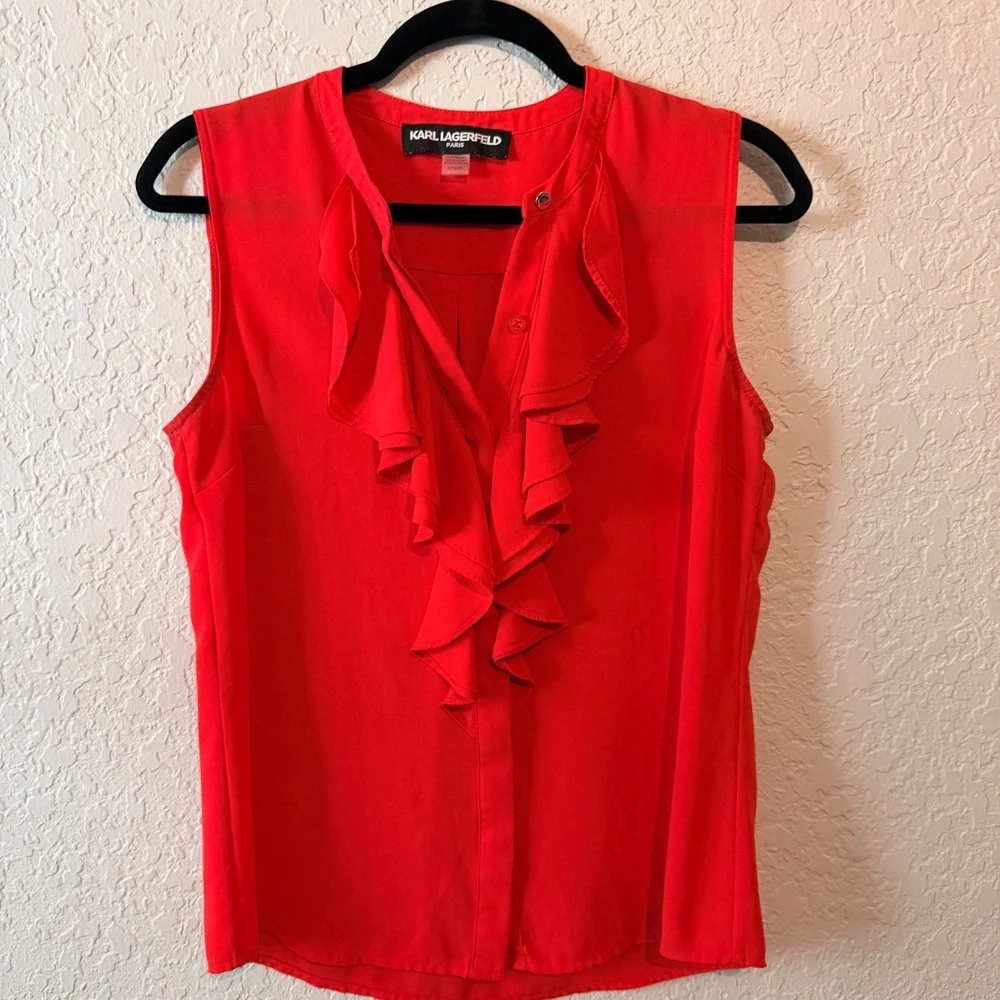 Karl Lagerfeld Paris Ruffle Front Sleeveless Blouse Size S Red Chic Professional